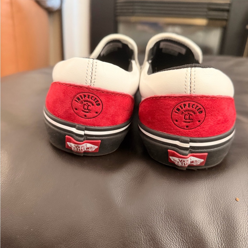 Vans White Leather Slip-On Sneakers with Black Sole and Red Heel - Picture 4 of 9